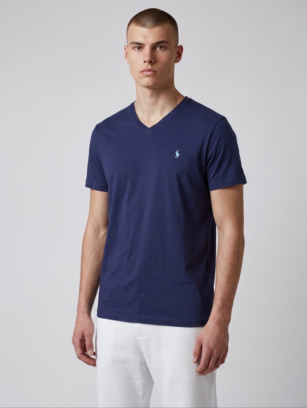 Polo by Ralph Lauren Men’s Navy V‑Neck Tee with Mint Logo